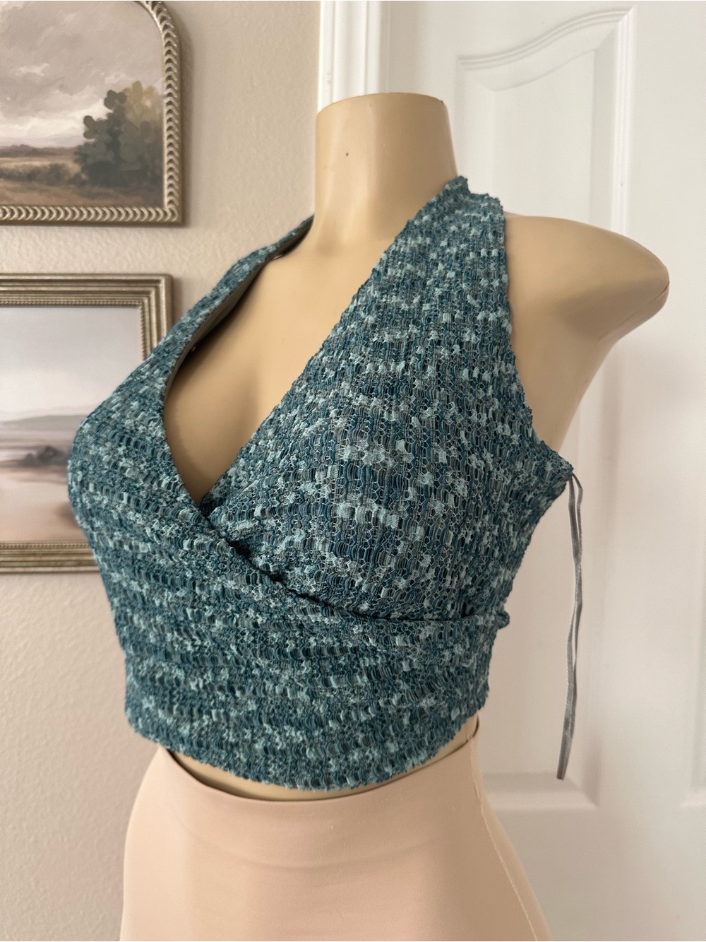 Guess Teal Blue Knit Wrap Crop Top